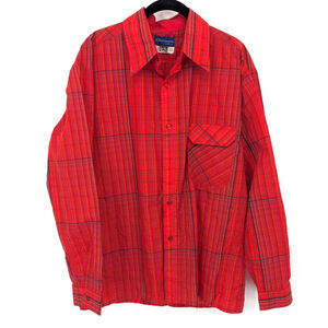 Obermeyer Shirt Men Large Red Plaid Nylon Button Up Vintage Outdoors Long Sleeve